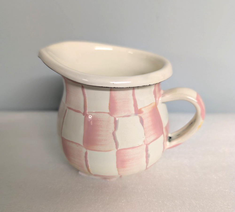 Mackenzie Childs Pink Rosy Check Enamel Little Creamer, Small 3 x 4